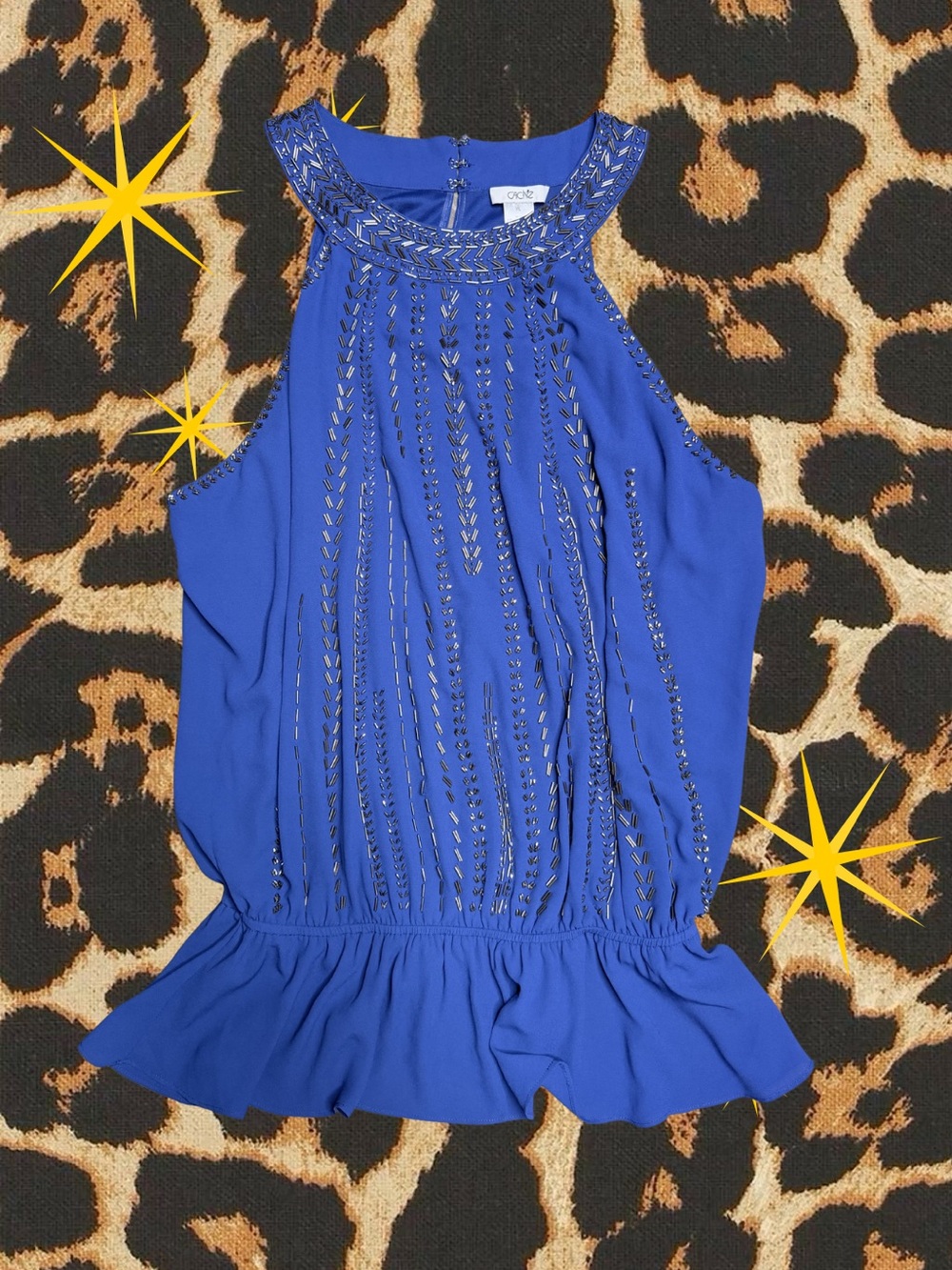 CACHÉ | Vintage Y2K Beaded Blue Halter Neck Peplum Blouse | Womens XL | Like New